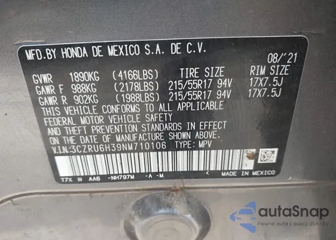 2022 Honda Hr-V Awd Lx из США, поврежденный, VIN 3CZRU6H39NM710106